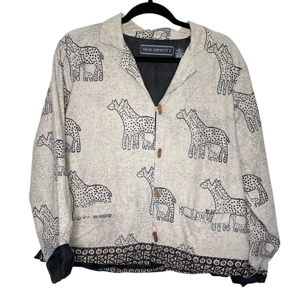 New Identity Giraffe Print Jacket Womens Large Beige Black Art to Wear Eclectic